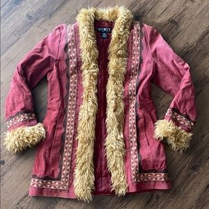 Boho leather jacket w faux fur trim & embroidery